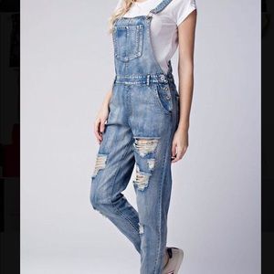 Honey Punch Distressed Denim Overalls